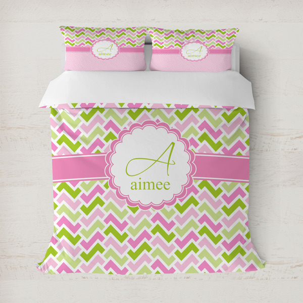 Custom Pink & Green Geometric Duvet Cover Set - Full / Queen (Personalized)