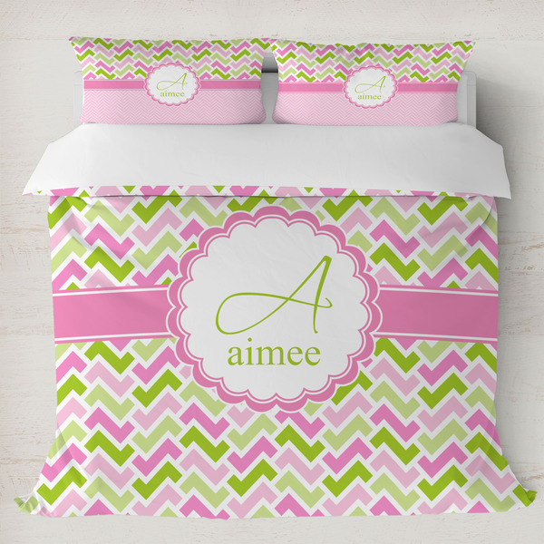 Custom Pink & Green Geometric Duvet Cover Set - King (Personalized)