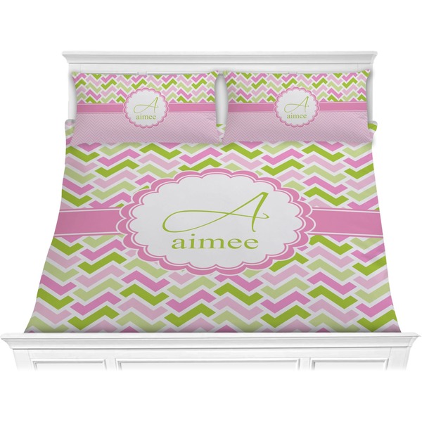 Custom Pink & Green Geometric Comforter Set - King (Personalized)