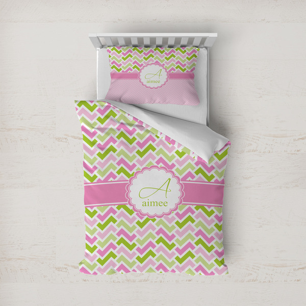Custom Pink & Green Geometric Duvet Cover Set - Twin (Personalized)
