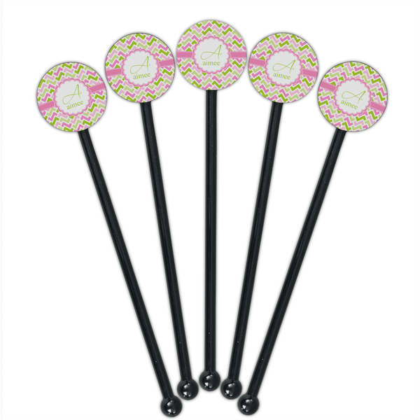 Pink & Green Geometric Black Plastic 5.5" Stir Stick - Round - Fan View