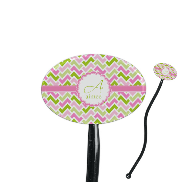 Custom Pink & Green Geometric 7" Oval Plastic Stir Sticks - Black - Single Sided (Personalized)