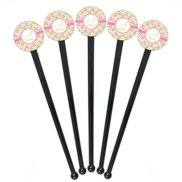 Pink & Green Geometric Black Plastic 7" Stir Stick - Round - Fan View