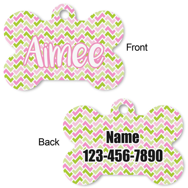 Pink & Green Geometric Bone Shaped Dog ID Tag - Large - Approval