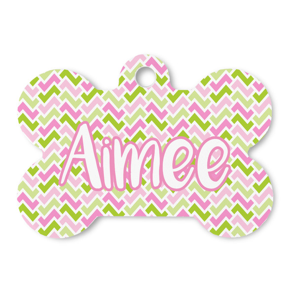 Custom Pink & Green Geometric Bone Shaped Dog ID Tag (Personalized)