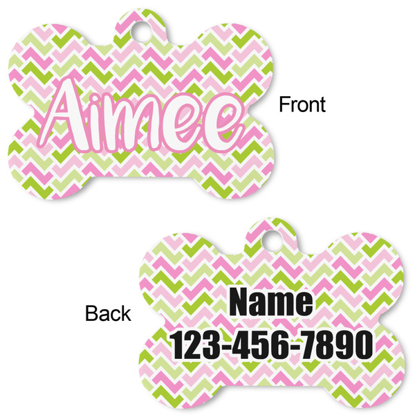 Pink & Green Geometric Bone Shaped Dog Tag - Front & Back