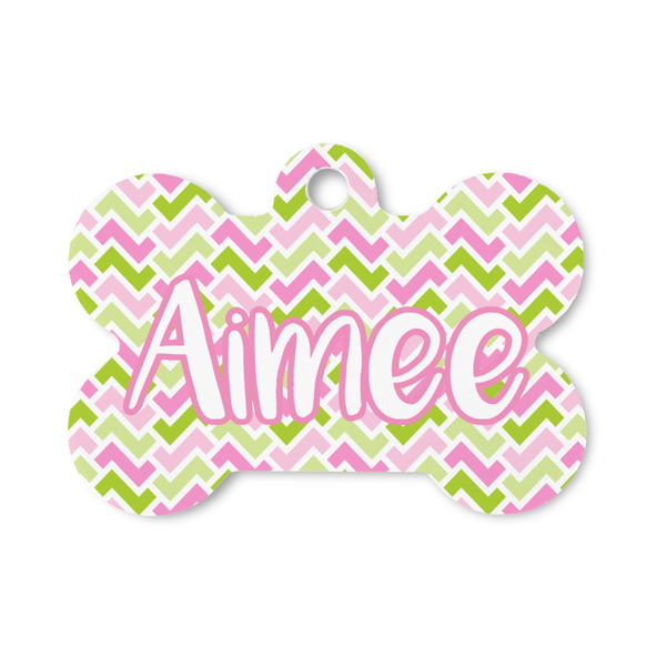 Custom Pink & Green Geometric Bone Shaped Dog ID Tag - Small (Personalized)