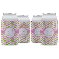 Pink & Green Geometric Can Cooler (12 oz) - Set of 4 w/ Name and Initial