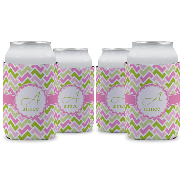 Custom Pink & Green Geometric Can Cooler (12 oz) - Set of 4 w/ Name and Initial