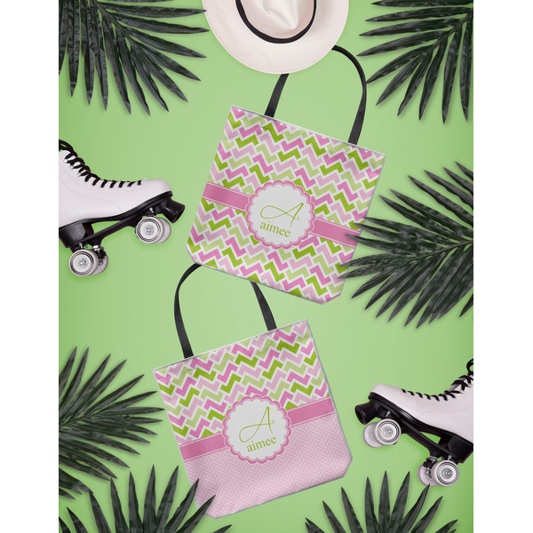 Pink & Green Geometric Canvas Tote Lifestyle Front and Back- 13x13