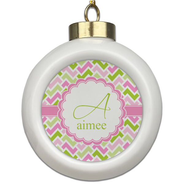 Custom Pink & Green Geometric Ceramic Ball Ornament (Personalized)