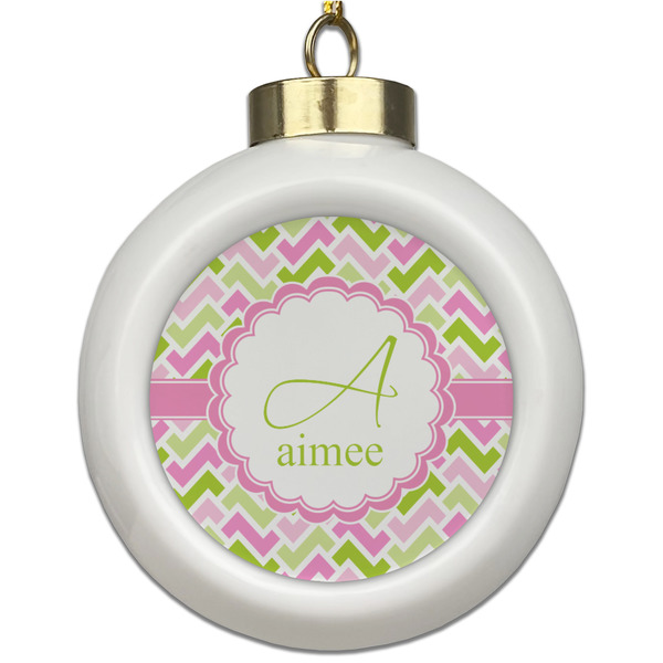 Custom Pink & Green Geometric Ceramic Ball Ornament (Personalized)