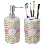 Pink & Green Geometric Ceramic Bathroom Accessories Set (Personalized)