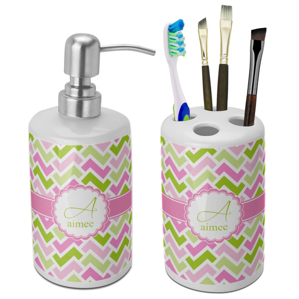 Custom Pink & Green Geometric Ceramic Bathroom Accessories Set (Personalized)