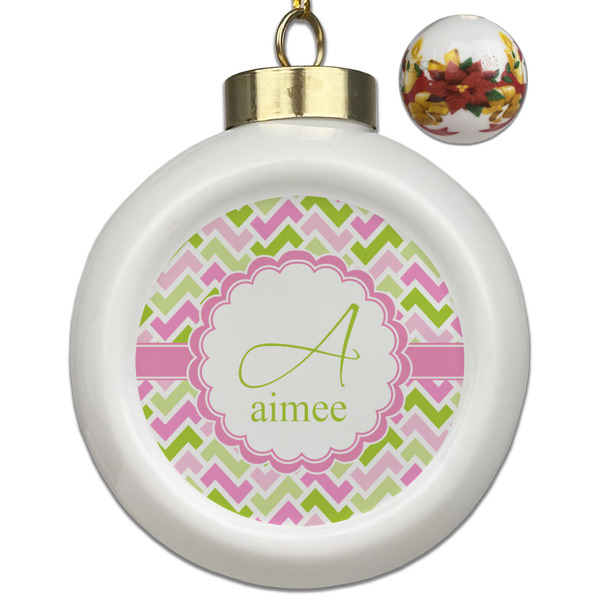 Custom Pink & Green Geometric Ceramic Ball Ornaments - Poinsettia Garland (Personalized)