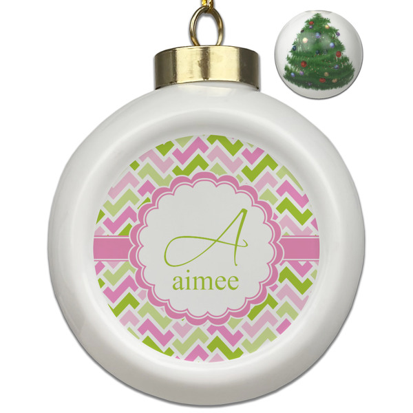Custom Pink & Green Geometric Ceramic Ball Ornament - Christmas Tree (Personalized)