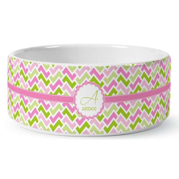 Pink & Green Geometric Ceramic Dog Bowl - Medium - Front