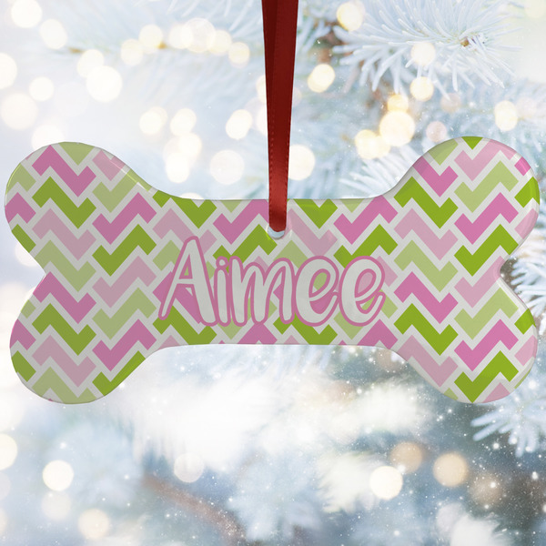 Custom Pink & Green Geometric Ceramic Dog Ornament w/ Name and Initial