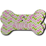 Pink & Green Geometric Ceramic Dog Ornament - Front & Back w/ Name and Initial