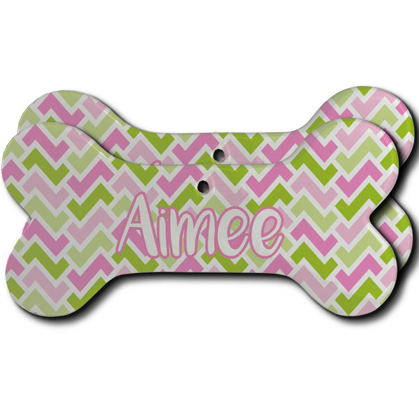 Custom Pink & Green Geometric Ceramic Dog Ornament - Front & Back w/ Name and Initial