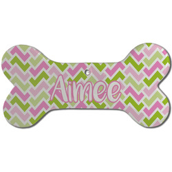 Pink & Green Geometric Ceramic Dog Ornament - Front w/ Name and Initial