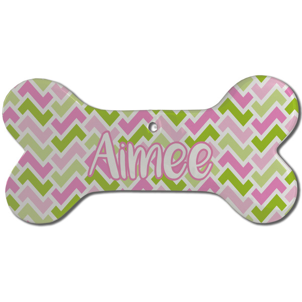 Custom Pink & Green Geometric Ceramic Dog Ornament - Front w/ Name and Initial