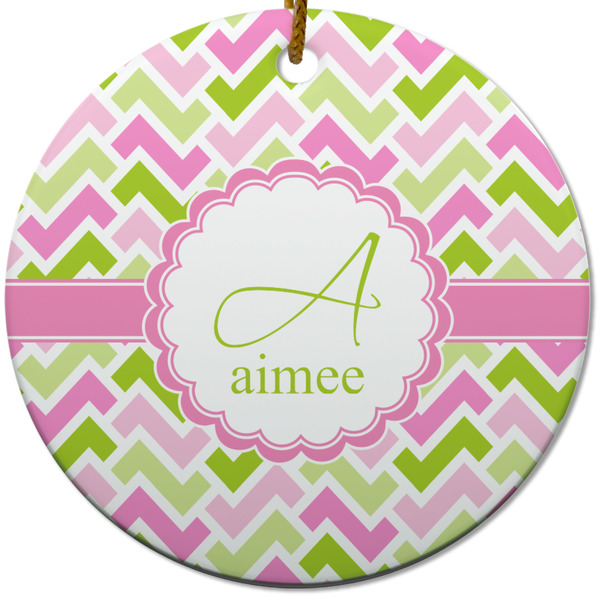 Custom Pink & Green Geometric Round Ceramic Ornament w/ Name and Initial