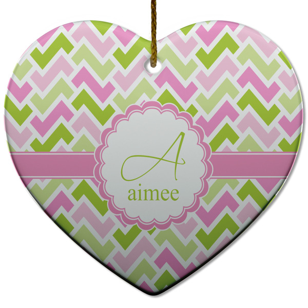 Custom Pink & Green Geometric Heart Ceramic Ornament w/ Name and Initial