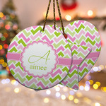 Pink & Green Geometric Ceramic Ornament w/ Name and Initial