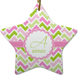 Pink & Green Geometric Star Ceramic Ornament w/ Name and Initial