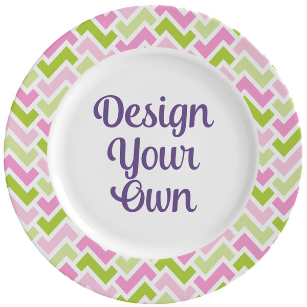 Custom Pink & Green Geometric Ceramic Dinner Plates (Set of 4) (Personalized)