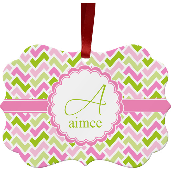 Custom Pink & Green Geometric Metal Frame Ornament - Double Sided w/ Name and Initial