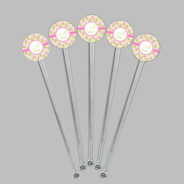 Pink & Green Geometric Clear Plastic 7" Stir Stick - Round - Fan View