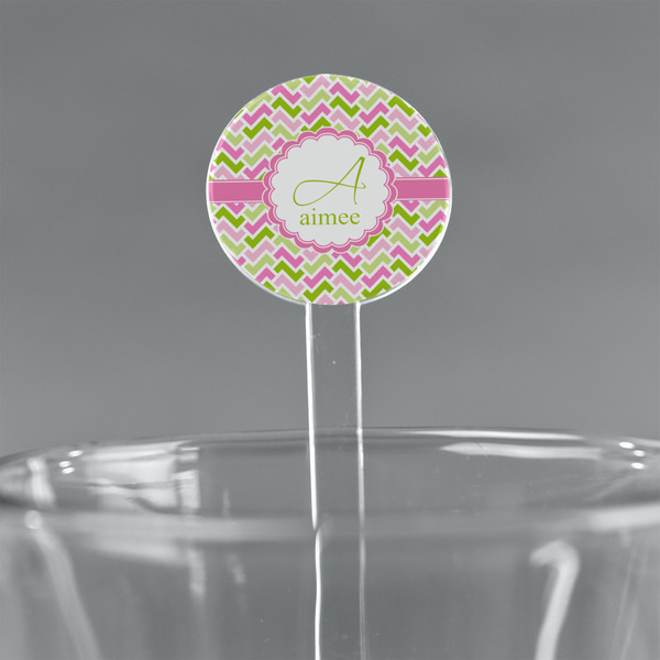 Custom Pink & Green Geometric 5.5" Round Plastic Stir Sticks - Clear (Personalized)