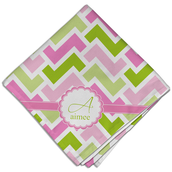 Custom Pink & Green Geometric Cloth Dinner Napkin - Single w/ Name and Initial