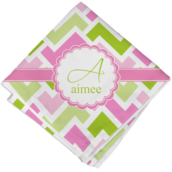 Custom Pink & Green Geometric Cloth Napkin w/ Name and Initial