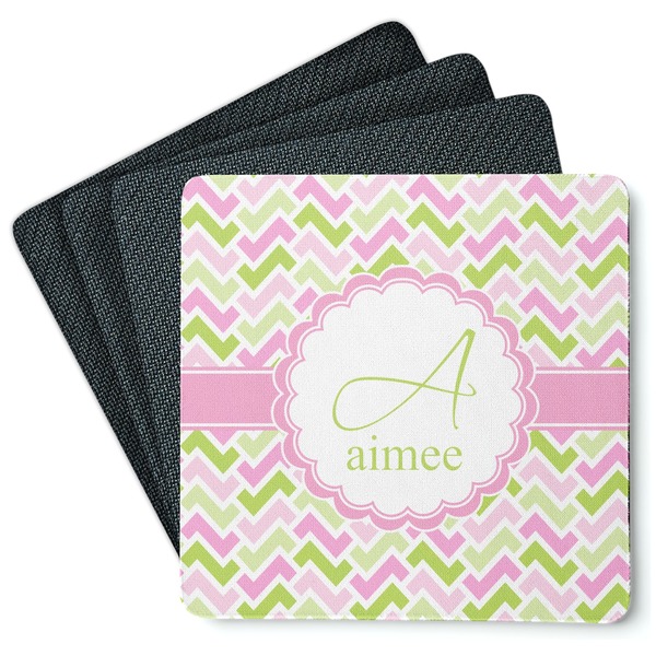 Custom Pink & Green Geometric Square Rubber Backed Coasters - Set of 4 (Personalized)