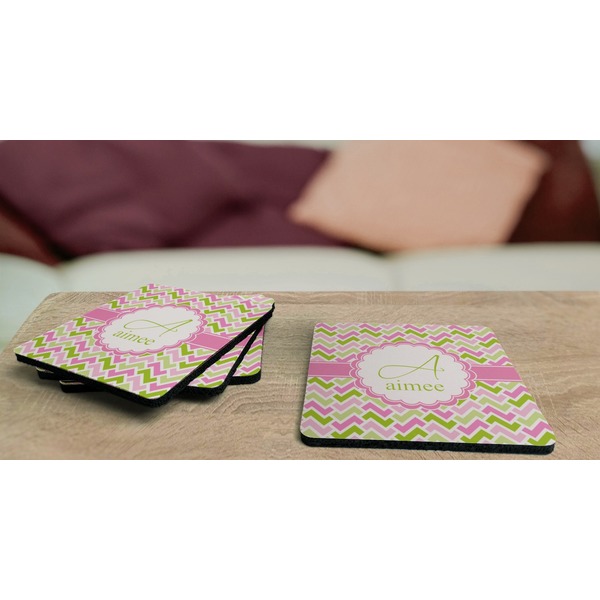 Pink & Green Geometric Coaster Rubber Back - On Coffee Table