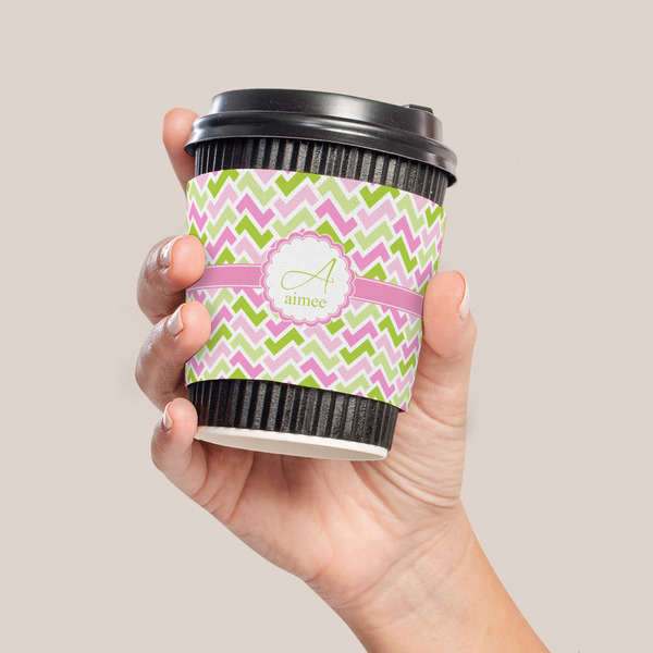 Pink & Green Geometric Coffee Cup Sleeve - LIFESTYLE