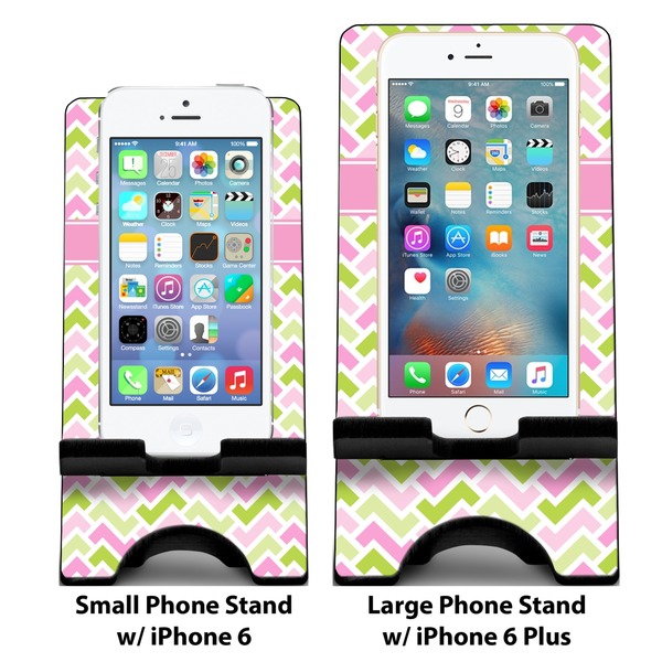 Pink & Green Geometric Compare Phone Stand Sizes - with iPhones