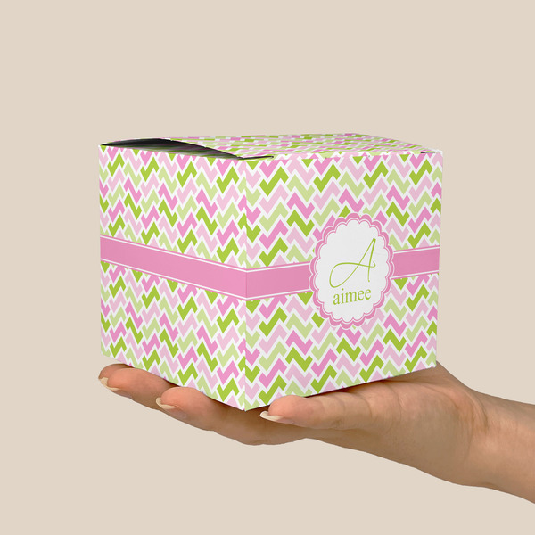 Pink & Green Geometric Cube Favor Gift Box - On Hand - Scale View
