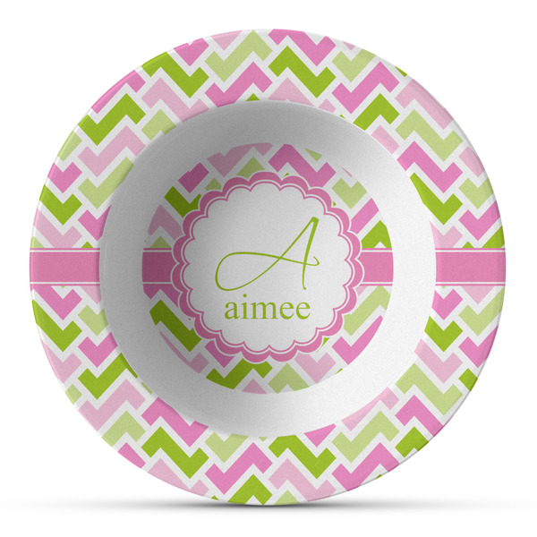 Custom Pink & Green Geometric Plastic Bowl - Microwave Safe - Composite Polymer (Personalized)