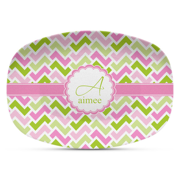 Custom Pink & Green Geometric Plastic Platter - Microwave & Oven Safe Composite Polymer (Personalized)