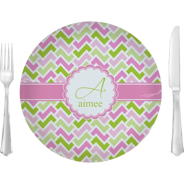 Custom Pink & Green Geometric 10" Glass Lunch / Dinner Plates - Single or Set (Personalized)