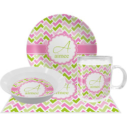 Pink & Green Geometric Dinner Set - Single 4 Pc Setting w/ Name and Initial