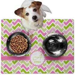 Pink & Green Geometric Dog Food Mat - Medium w/ Name and Initial