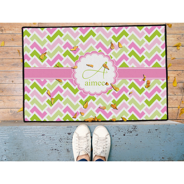 Pink & Green Geometric Door Mat - LIFESTYLE (Med)
