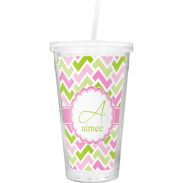 Custom Pink & Green Geometric Double Wall Tumbler with Straw (Personalized)