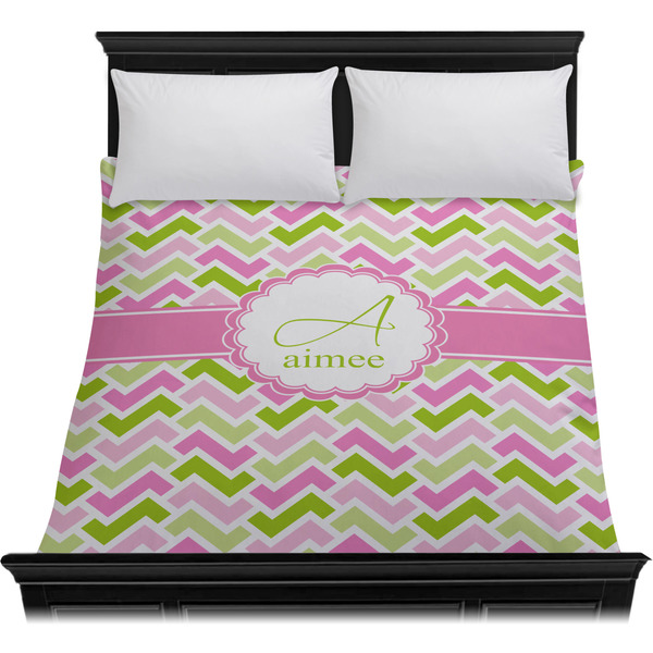 Pink & Green Geometric Duvet Cover - Queen - On Bed - No Prop