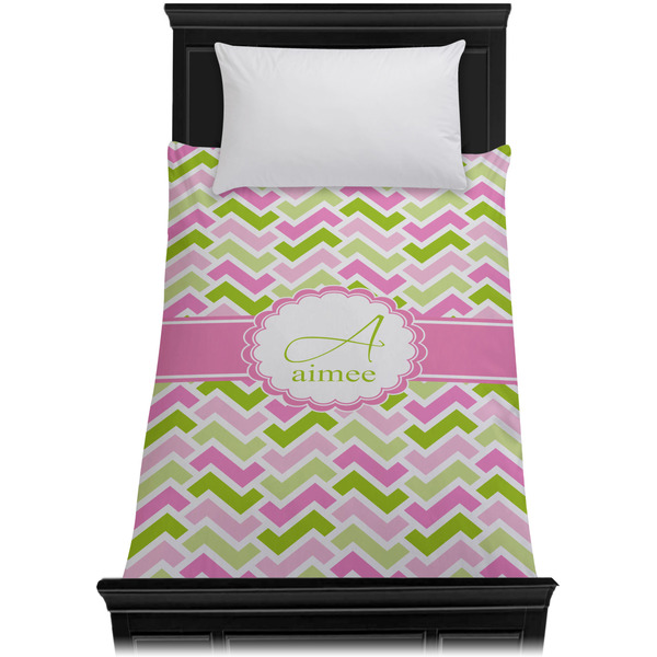 Pink & Green Geometric Duvet Cover - Twin - On Bed - No Prop